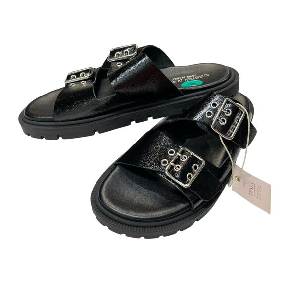 Christian Di Riccio Sandal Womens 8 Black Leather Adjustable Double Buckle Slide - Picture 3 of 8